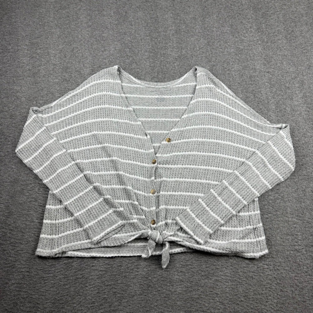 American Eagle Soft & Sexy Plush Waffle‎ Knit Tie Front Cardigan Grey Striped S